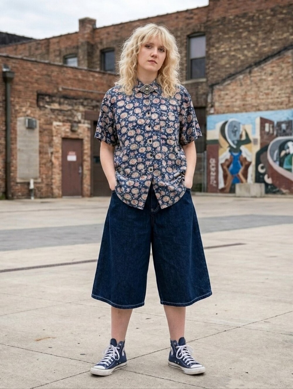 Silk Vintage Lady Footlocker Oversized Navy Floral Short-Sleeve Button-Up Shirt